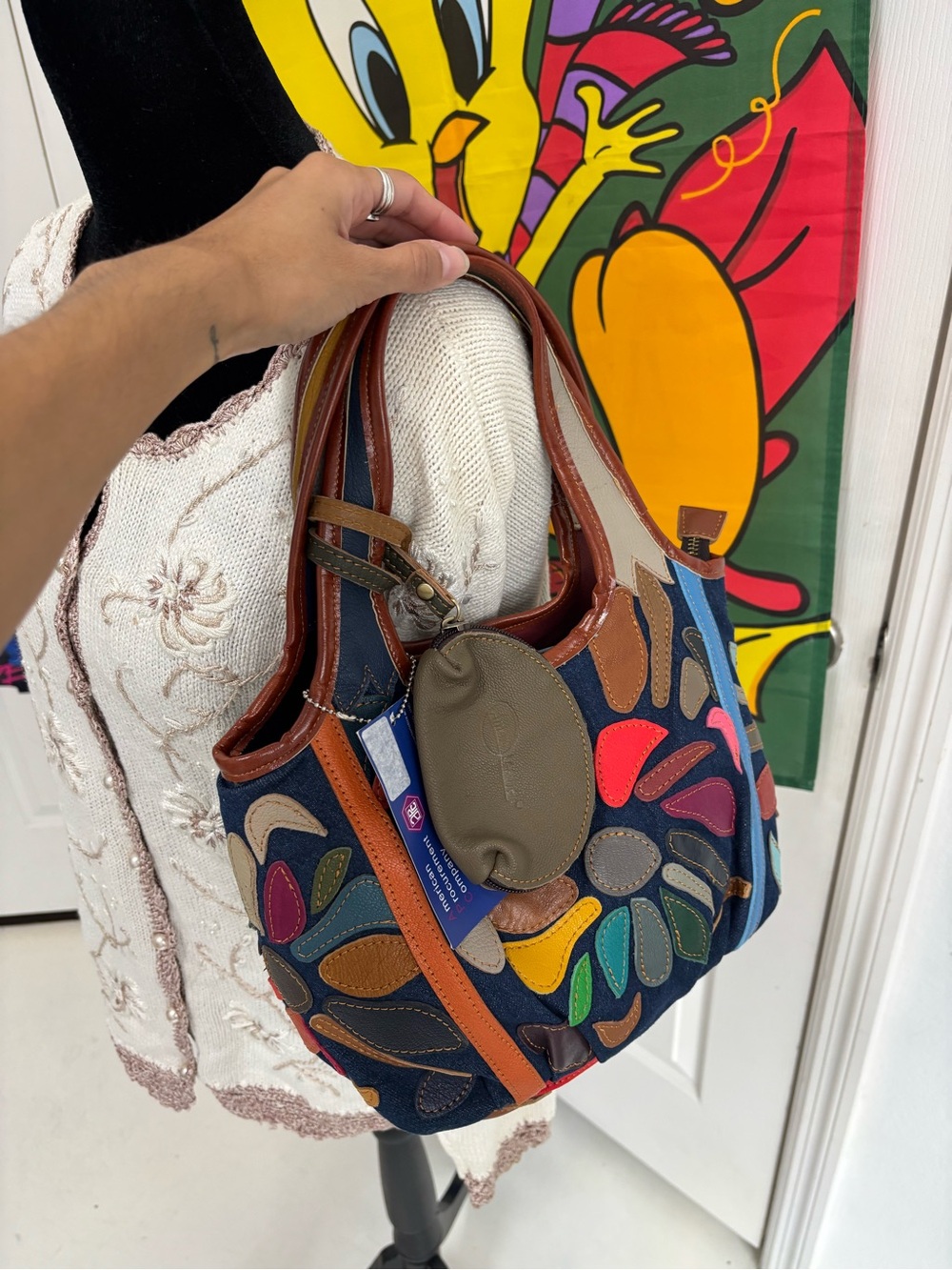 Colorful Floral Patchwork Leather-Trim Tote - Navy
